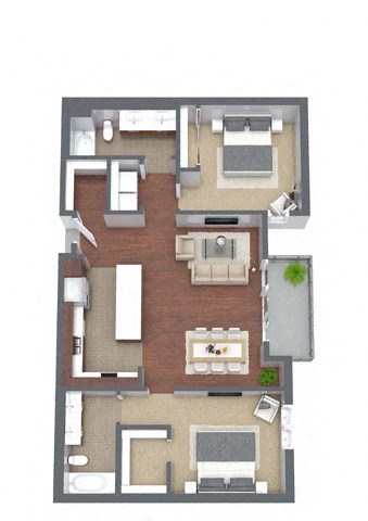 2A – 2 Bedroom 2 Bath Floor Plan Layout – 1219 Square Feet
